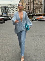 Aiertu  -  Sequins Knit Women Sweater Loose Deep V-neck Long Lantern Sleeve Female Pullover 2026 Autumn Winter Fashion Casual Lady Knitwear Aiertu