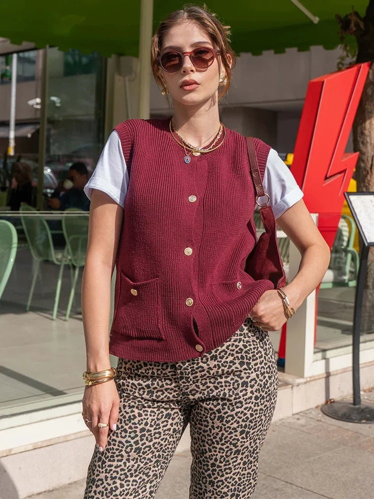 Aiertu  -  Trendix Vintage Knit Cardigan Vest Women Winter Fashion Sleeveless Button Pocket Tank Top Femme Solid Casual Knitwear Streetwear Aiertu