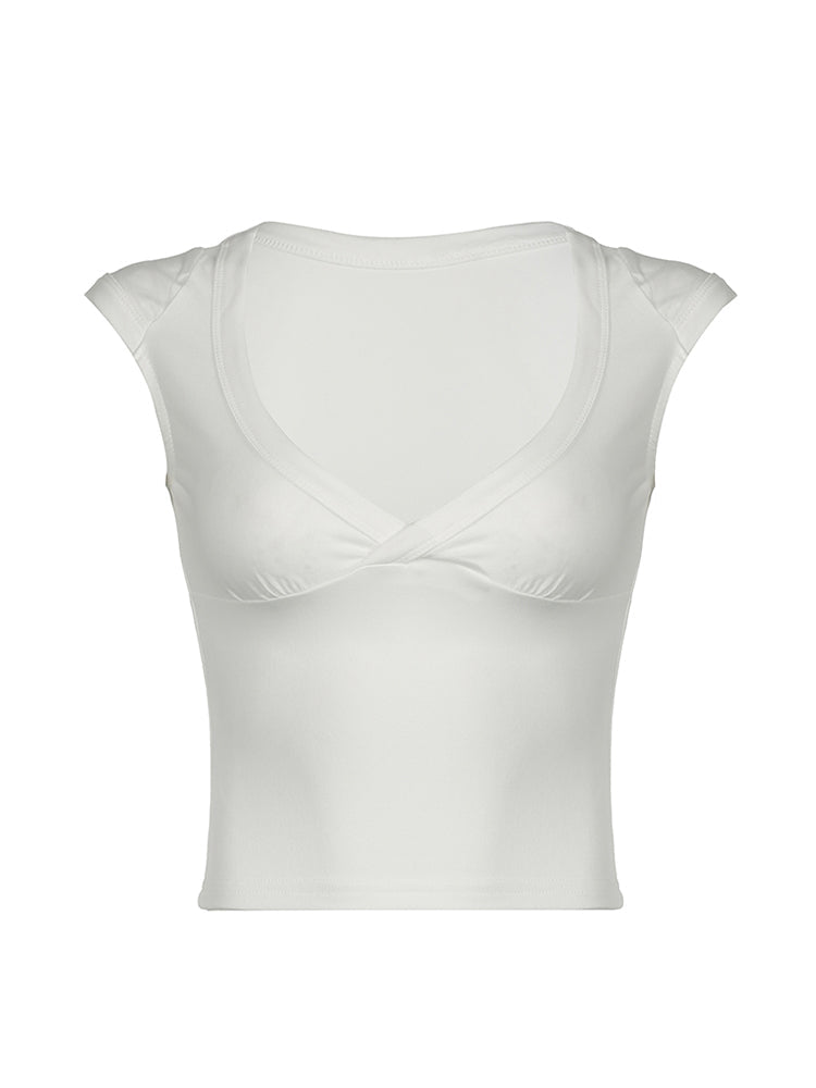 Aiertu - summer inspo Hot White Solid Basic Slim Low Bust V Neck Crop Tees Women Black Simple Fashion Short Sleeve Summer T Shirt Aiertu