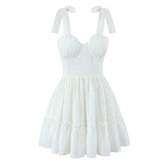 Aiertu  -  Summer 2025 Women Hollow Out Embroidery Sling Mini Dresses Lacing Up Back A-line Cotton Black White Short  Dresses Party Robe Aiertu