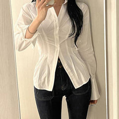 Aiertu Y2K Women Slim Blouses Office Lady Fashion Long Sleeve Folds Chic Shirt Vintage Streetwear Korean Sexy Skinny Casual Tops Aiertu