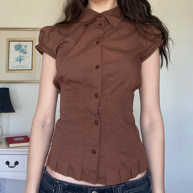 Aiertu  -  Fashion Chic Brown Summer Shirts Female Folds Slim-Waist Vintage Y2K Top Buttons Pleated Blouse Cropped Clothes Aiertu