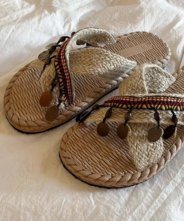 Aiertu  Knit Fabric Boho Splicing Tassel Peep Toe Slide Sandals Aiertu