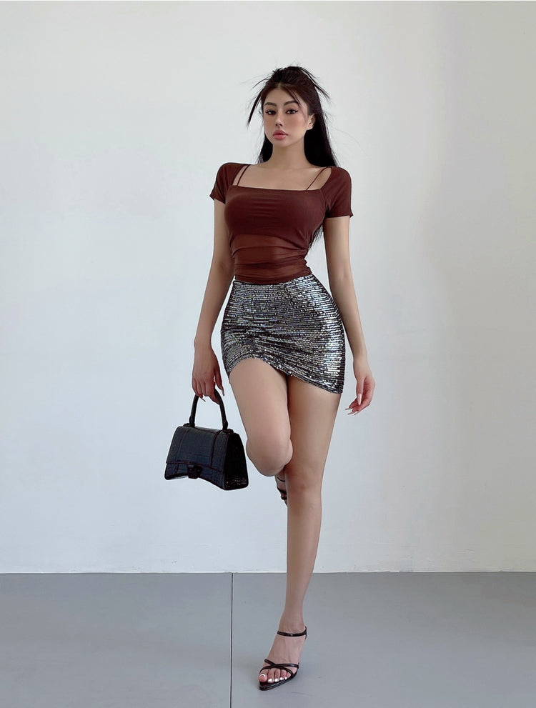 Aiertu Solid Color Sequined Slim High Waist Mini Skirt Aiertu