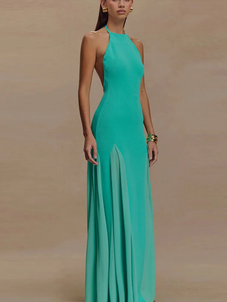 Aiertu  -  Elegant Halter Knitted Tulle Women's Long Dress Backless Lace-up A-line Slim Chic Robe 2026 Summer Beach Party Evening Dresses Aiertu
