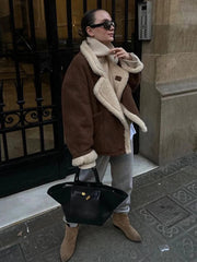 Aiertu  -  Vintage Patchwork Women Jacket Lapel Lamb Wool Pocket Lady Coat 2024 Fashion Full Sleeve Autumn Winter Warm Thicken Female Top Aiertu