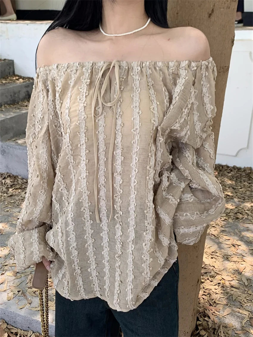 Aiertu  -  Fashion Lantern Sleeve Blouses Women Summer Casual Chic 2026 Loose Vintage Mujer Slash Neck Vacation Off Shoulder Beach Aiertu