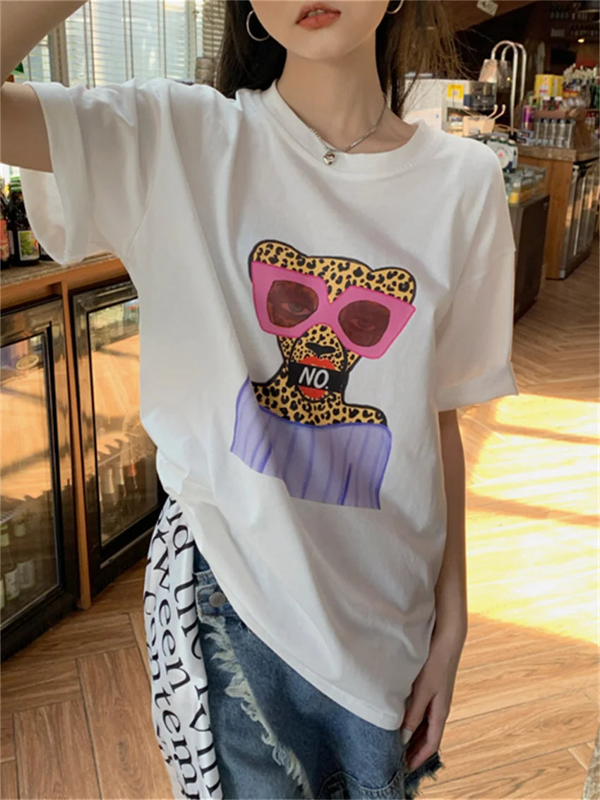 Aiertu  -  Cartoon Printed T-Shirts Casual High Street Women Loose Summer OL All Match Mujer Half Sleeve Chic Office Lady Tees Aiertu