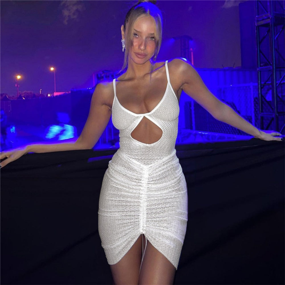 Aiertu Sexy Hollow Out Mini Dress Women Fashion Strap Ruched Bodycon Beach Dresses 2025  Summer White See Through Night Club Outfits Aiertu