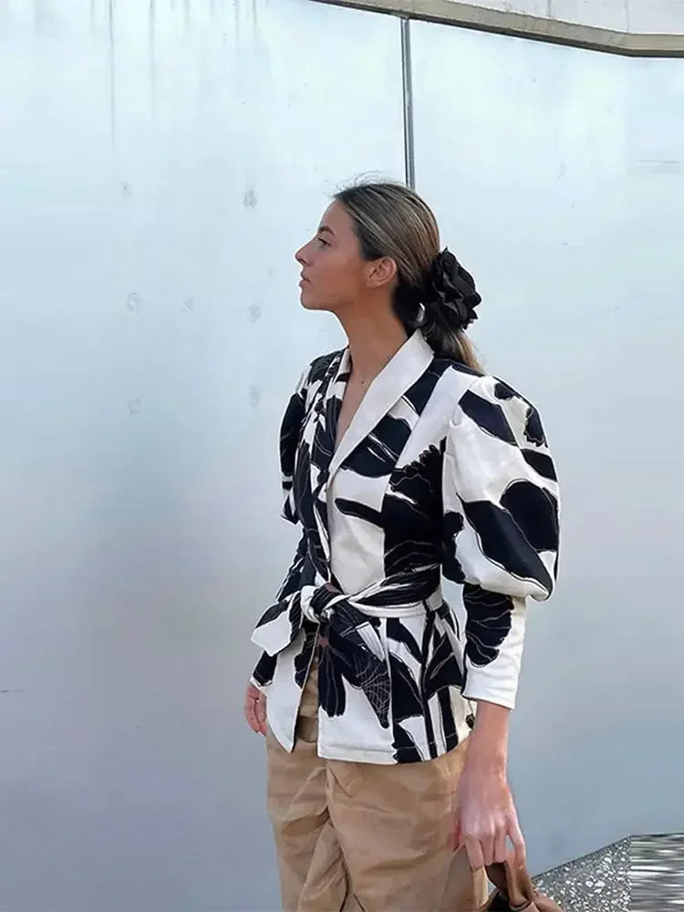 Aiertu  -  Elegant Printed Puff Sleeve Shirts Women Belt Turn Down Collar V-neck Coats Female 2026 Spring Fashion Office Lady Streetwear Aiertu