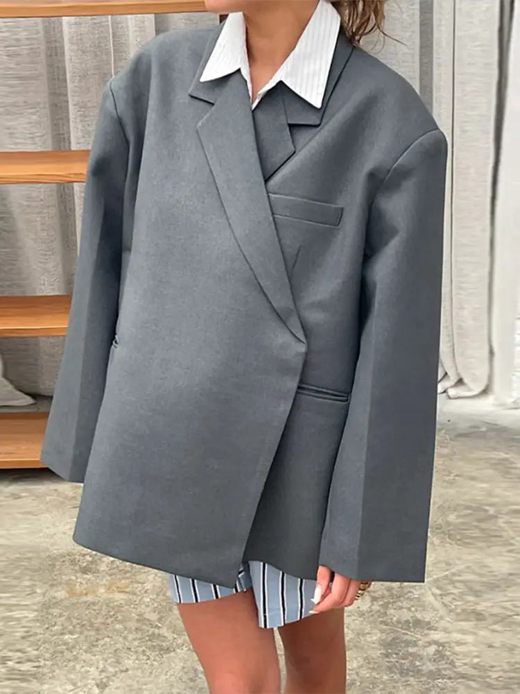 Aiertu  -  Chic Gray Lapel Button Suit Jacket For Women Elegant Loose Long Sleeves Office Coat 2026 New Female High Streetwear Outercoat Aiertu
