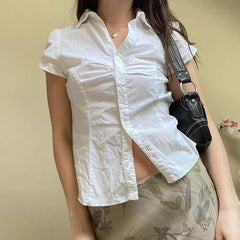 Aiertu  -  White Tie Up T Shirt y2k Women Short Sleeve Turn Down Collar Button Crop Top Vintage Harajuku Korean Tee Summer Casual Aiertu