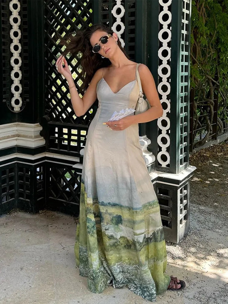 Aiertu  -  Printed Halter Women Dress Ink Wash Style Satin V-Neck Bikini Suspender Slimming Waist Cinching Retro Beach Strap Long Dress Aiertu