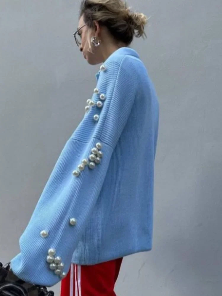 Aiertu  -  Chic Blue Pearls Decor Lapel V Neck Knitted Pullover Women Elegant Flare Long Sleeve Casual Sweater 2026 Lady New Loose Knitwear Aiertu