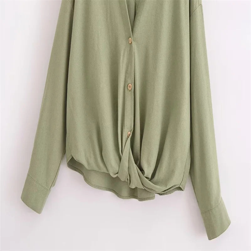 Aiertu  -  Linen Blended Twist Lapel Long Sleeve Casual Shirt Women's New Fashion Versatile Niche Design Top Aiertu