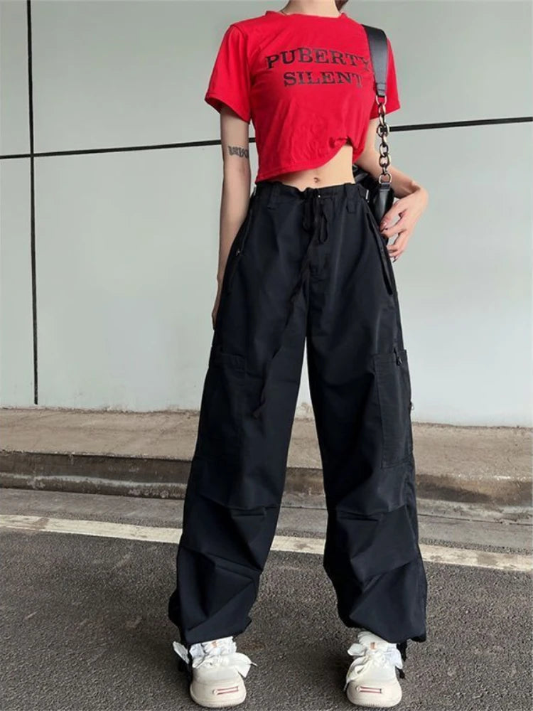Aiertu  -  Green Women Cargo Pants Parachute Oversize Straight Leg Trousers Low Waist Sweatpants Casual Drawstring Side Pocket Alt Aiertu