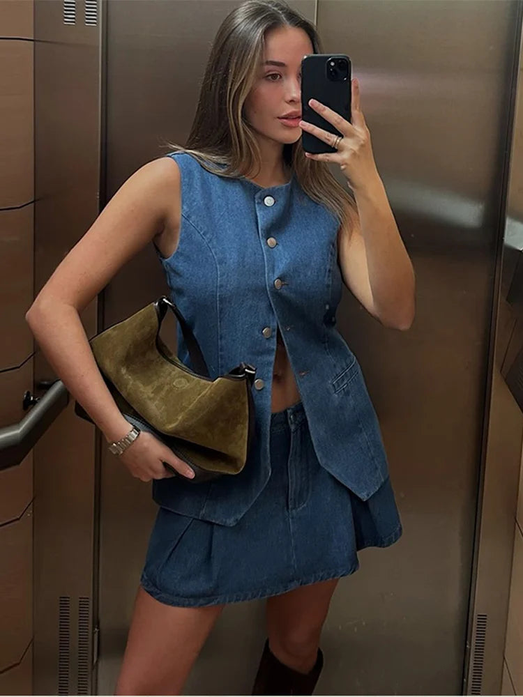 Aiertu  -  2025 Spring New Denim Mini Pleated Skirt Sets For Women Single Breasted Tank Tops Y2K Short Skirt 2 Pieces Sets Lady Chic Outfit Aiertu
