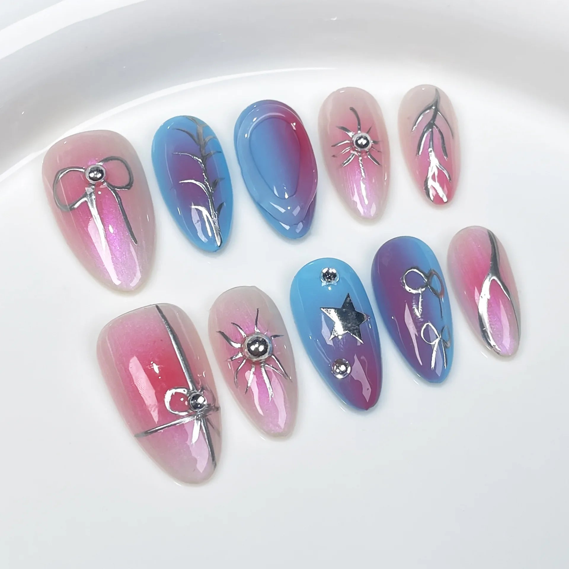 Aiertu 10pcs Blush Pink Fake Nail Patches Handmade Pearl Love Heart Press On Nails Planet Cross Designs Detachable Almond Aiertu
