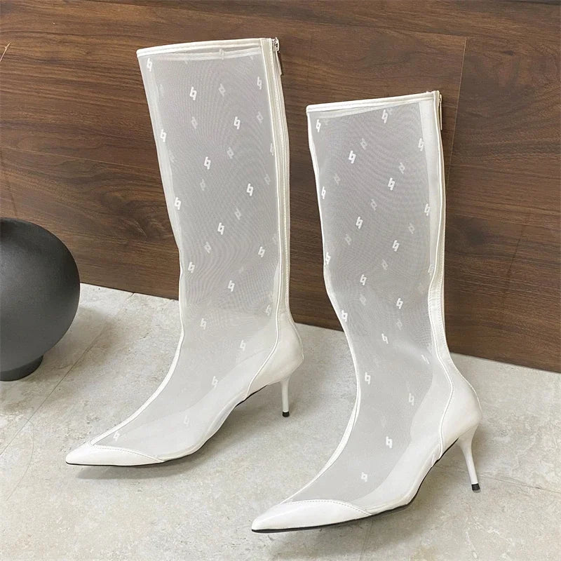 Aiertu  -   Autumn Street Style Design Breathable Mesh Women Knee-High Boots Pointed Toe Thin Low Heels Sandals Booties Ladies Shoes Aiertu