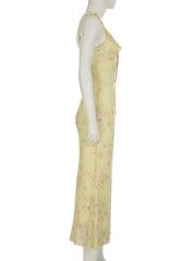 Aiertu  Holiday Ruffles Floral Trumpet Dress Slim Deep V-Neck Sleeveless Maxi Dresses For Women 2025 Summer Fashion Streetwear Aiertu