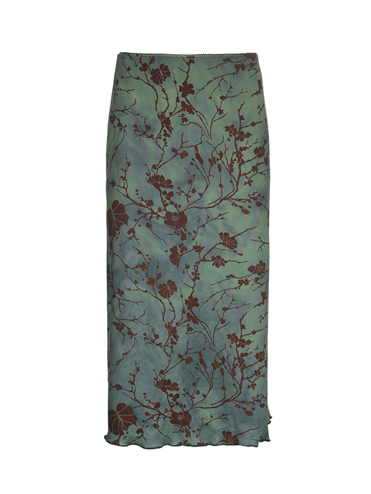 Aiertu - summer inspo Retro Green Floral Print Y2K Long Skirts For Women Vintage Aesthetic Frills Hem Cute Preppy Outfits Aiertu