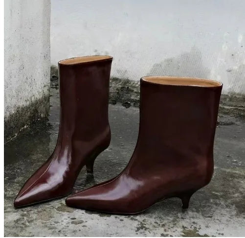 Aiertu    -  Burgundy Patent Leather High-Top Long Boots For Women Wine Red Pointed Toe Slip On Botas Largas De Mujer Kitten Low Heels Mature Aiertu