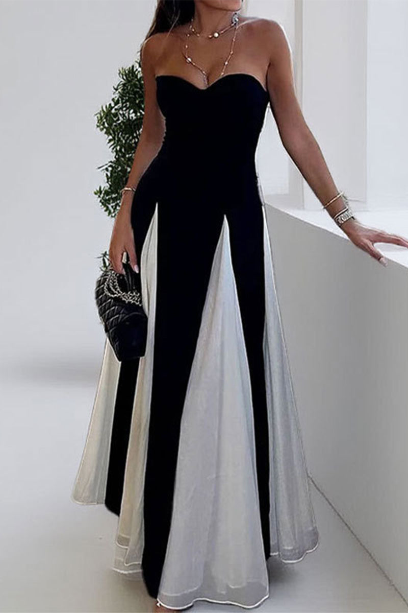 Aiertu  -  Sexy Patchwork Contrast Strapless Long Dresses Aiertu