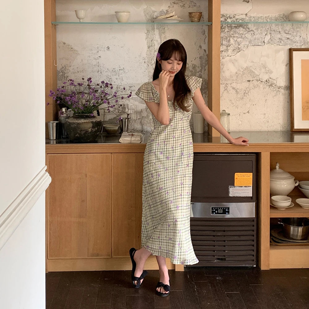 Aiertu  Sweet Long Floral Plaid Summer Chiffon Dress Women Sashes Flying Sleeve A-line Midi Sundress Female Woman Clothes 2025 Aiertu