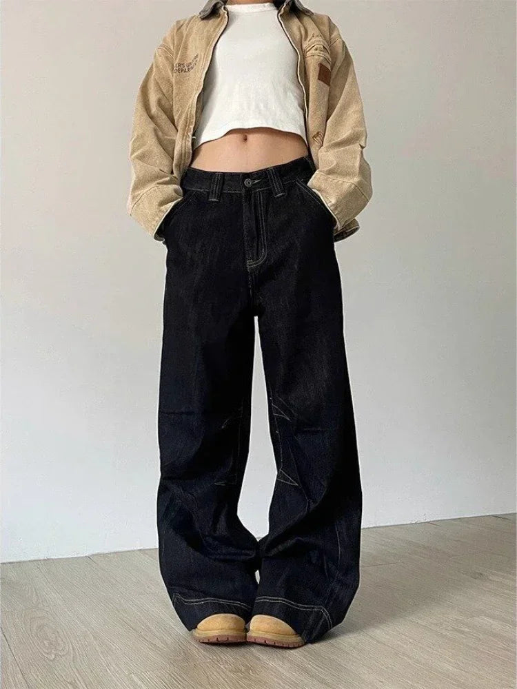 Aiertu  -  Grunge Black Jeans Women Y2k Vintage Oversized High Street Wide Cargo Denim Trousers Casual Baggy Straight Denim Pants Aiertu