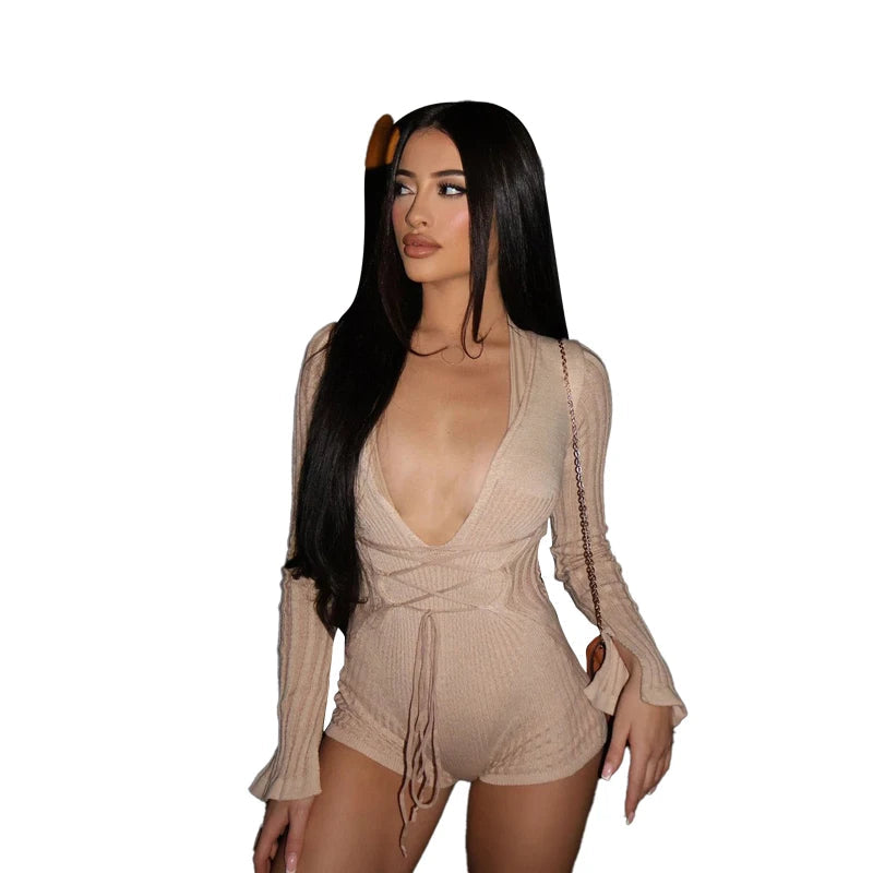 Aiertu  -  Low-Neck Crochet Bandage Playsuits Women Contrast Striped Patchwork Long Sleeve Autumn Fit Trend Vacation Skinny Romper Aiertu