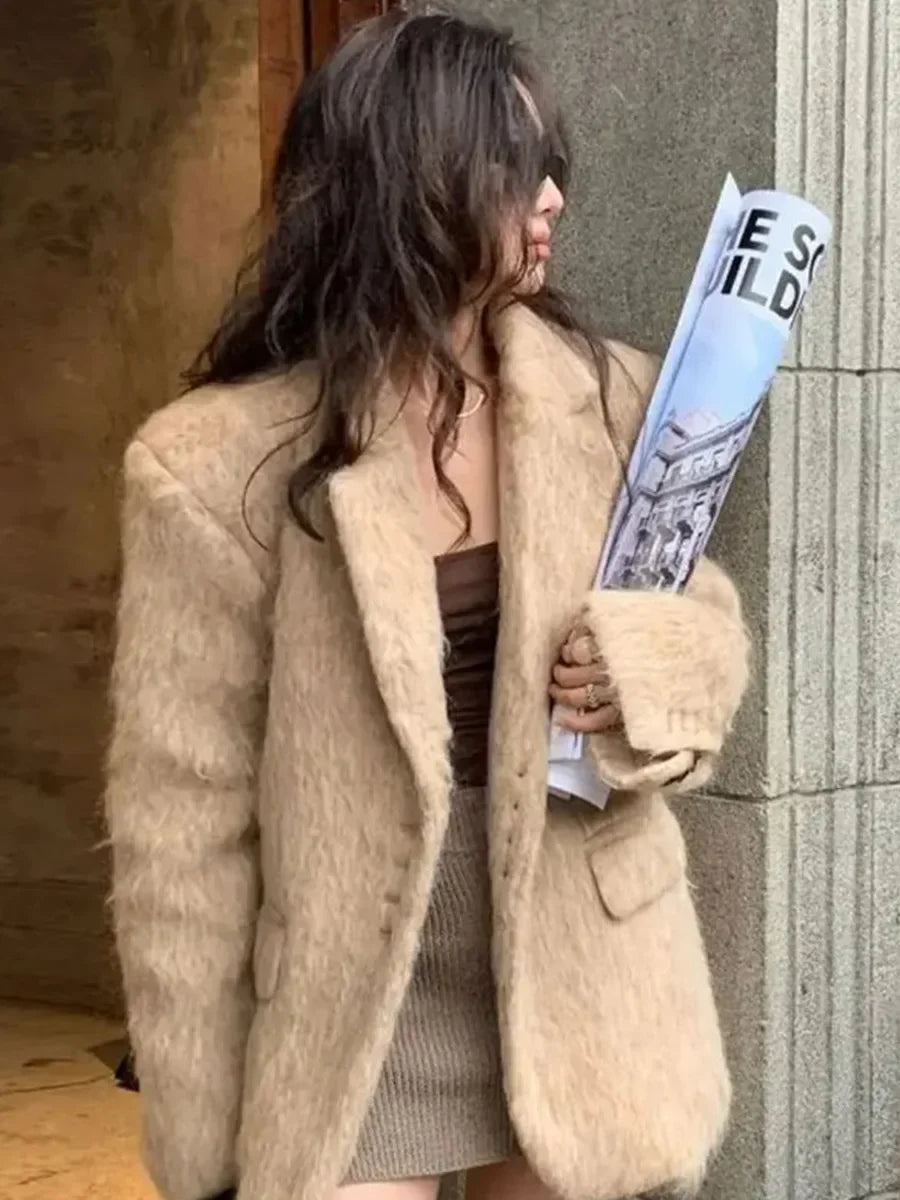 Aiertu  -  Loose Lapel Plush Jacket Female 2026 Autumn Winter New Warm Solid Button Long Sleeve Coat Office Lady Outwear Elegant Aiertu