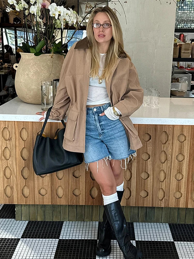 PICSGIRL  -  Fashion Lapel Zipper Women Jacket Full Sleeve Loose Female Coat Fashion Autumn Winter Vintage Solid Patchwork Lady Outwear Aiertu