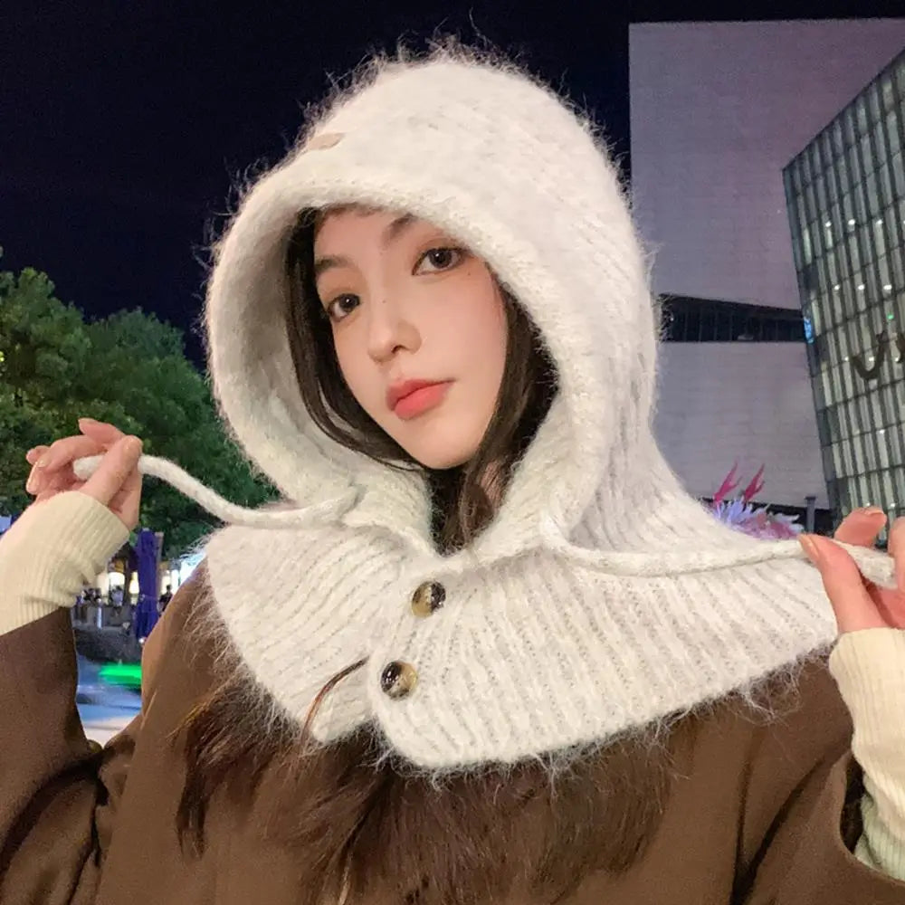 Aiertu  -  Winter Balaclava Hat Warm Knitted Women's Hood Hat Caps Cap Outdoor Pullover Color One-piece Solid Neck Cashmere Pullover Hat Aiertu