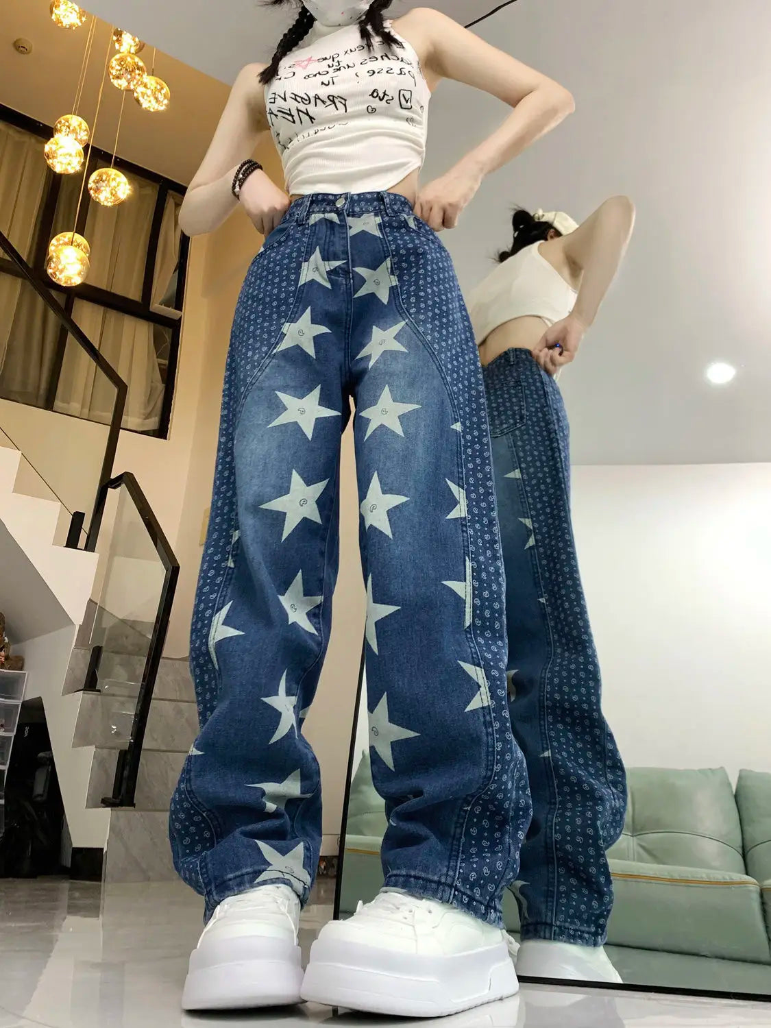Aiertu  -  Splicing Star Print Design American High Street Jeans Women's Niche Loose Straight Leg Pants Aiertu