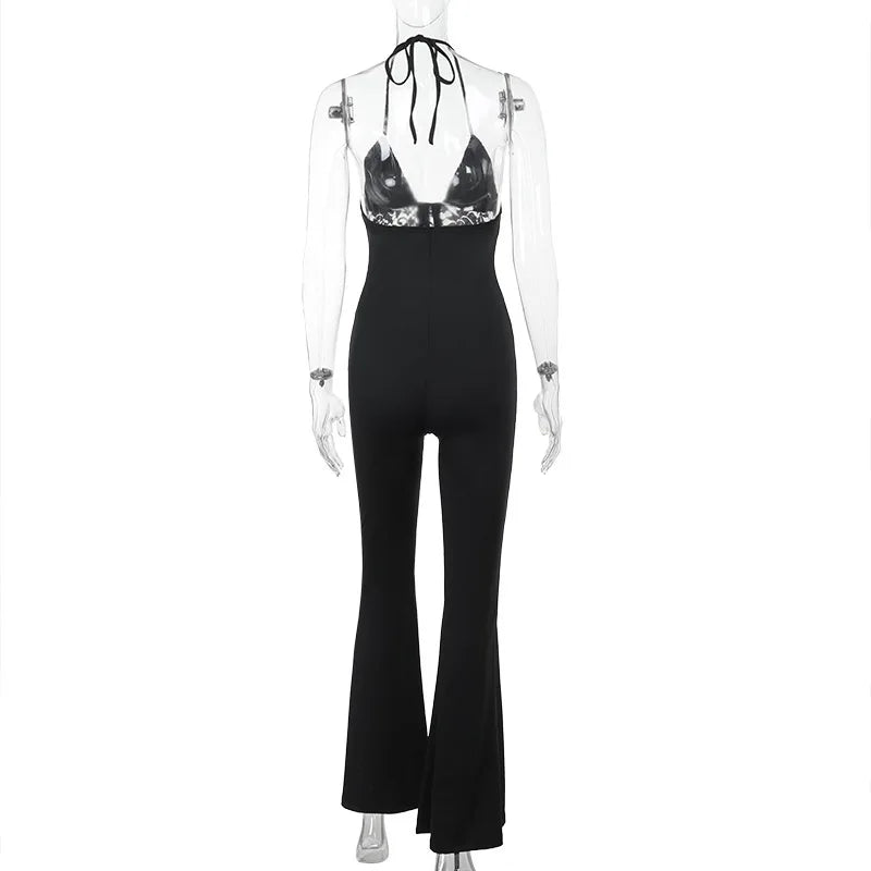 Aiertu  -  Women's Summer Full Length Flare Pants Jumpsuits 2025 Elegant Halter Backless Lace Patchwork Black Overalls Female High Street Aiertu