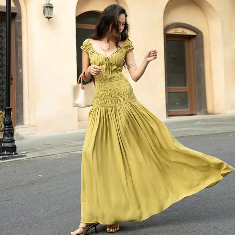 Aiertu  -  Sexy Deep V-neck Pleated Maxi Dress For Women Elegant Fashion Backless Slim Fit Solid Color Sexy Holiday Birthday Dress Aiertu