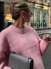 Aiertu     -  Fall Outfits 2026 Casual Pink Women Cashmere Knitted Sweater Drop Shoulder Round Neck Knit Pullover New Autumn Lady Loose Fit Long Sleeve Jumper Aiertu