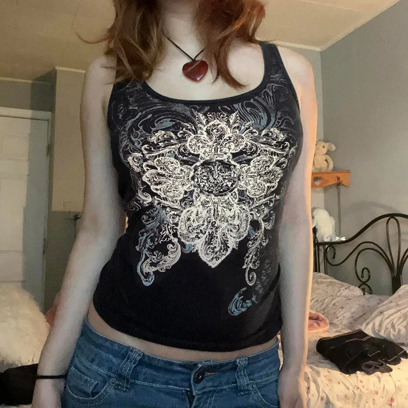 Aiertu  -  Dark style retro printed vest top round neck slim pullover sleeveless knitted top for women summer Aiertu