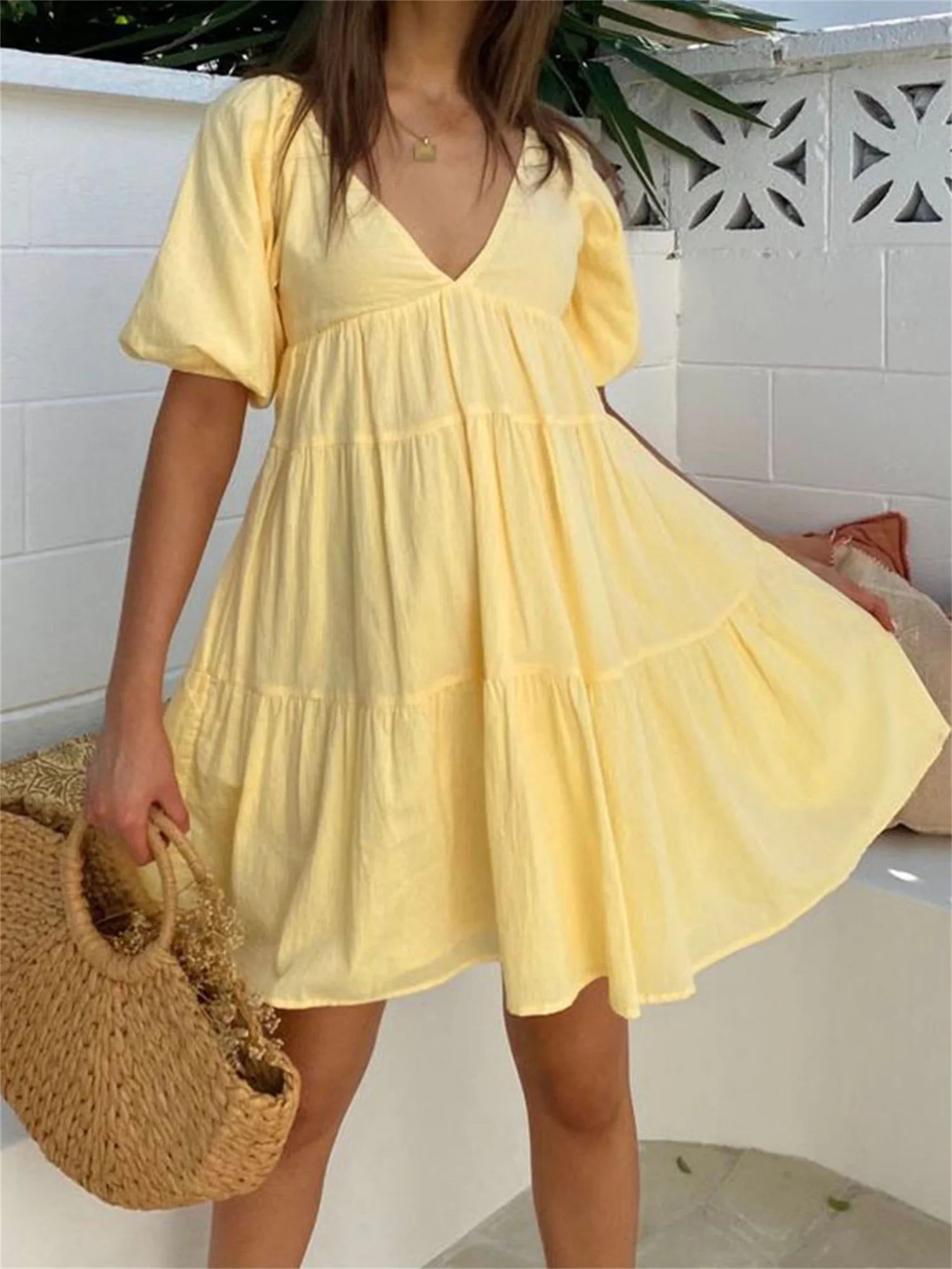 Aiertu  -  Elegant Maternity Dress for Summer Photoshoot - Stylish V-Neck A-Line Pregnancy Clothes with Puff Sleeves Solid Color Casual Aiertu