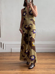 Aiertu  -  Printed Sequins Backless Halter Jumpsuits Women High Waist Deep V-neck Wide Leg Straight Jumpsuit Commute Holdiay Lady Romper Aiertu