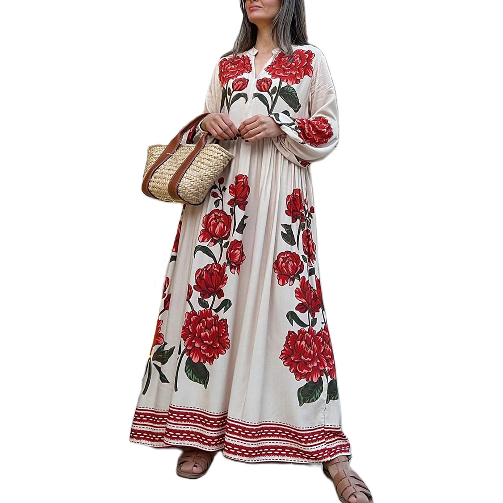 Aiertu  -  Women s Elegant Floral Print V-Neck Long Sleeve Maxi Dress with Flowy Silhouette for Casual Fall Style Aiertu