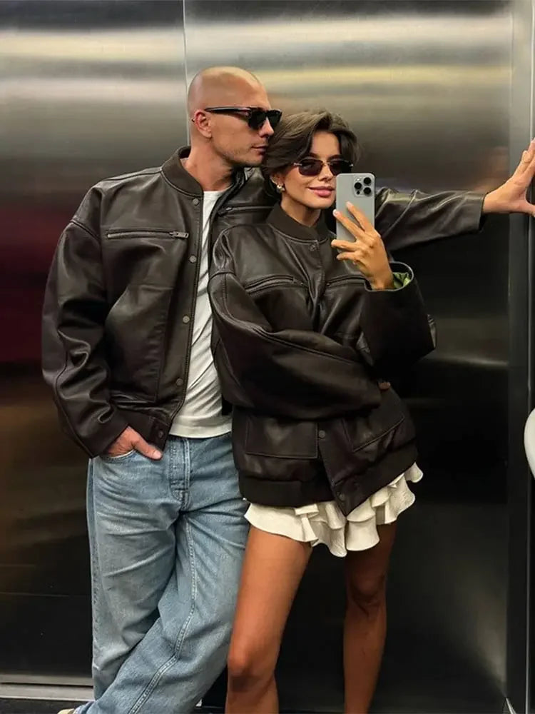 Aiertu  -  Chic Solid Zipper Pocket Pu Leather Jacket Women Fashion Long Sleeved Single Breasted Loose Motorcycle Coats 2026 Lady Outercoat Aiertu