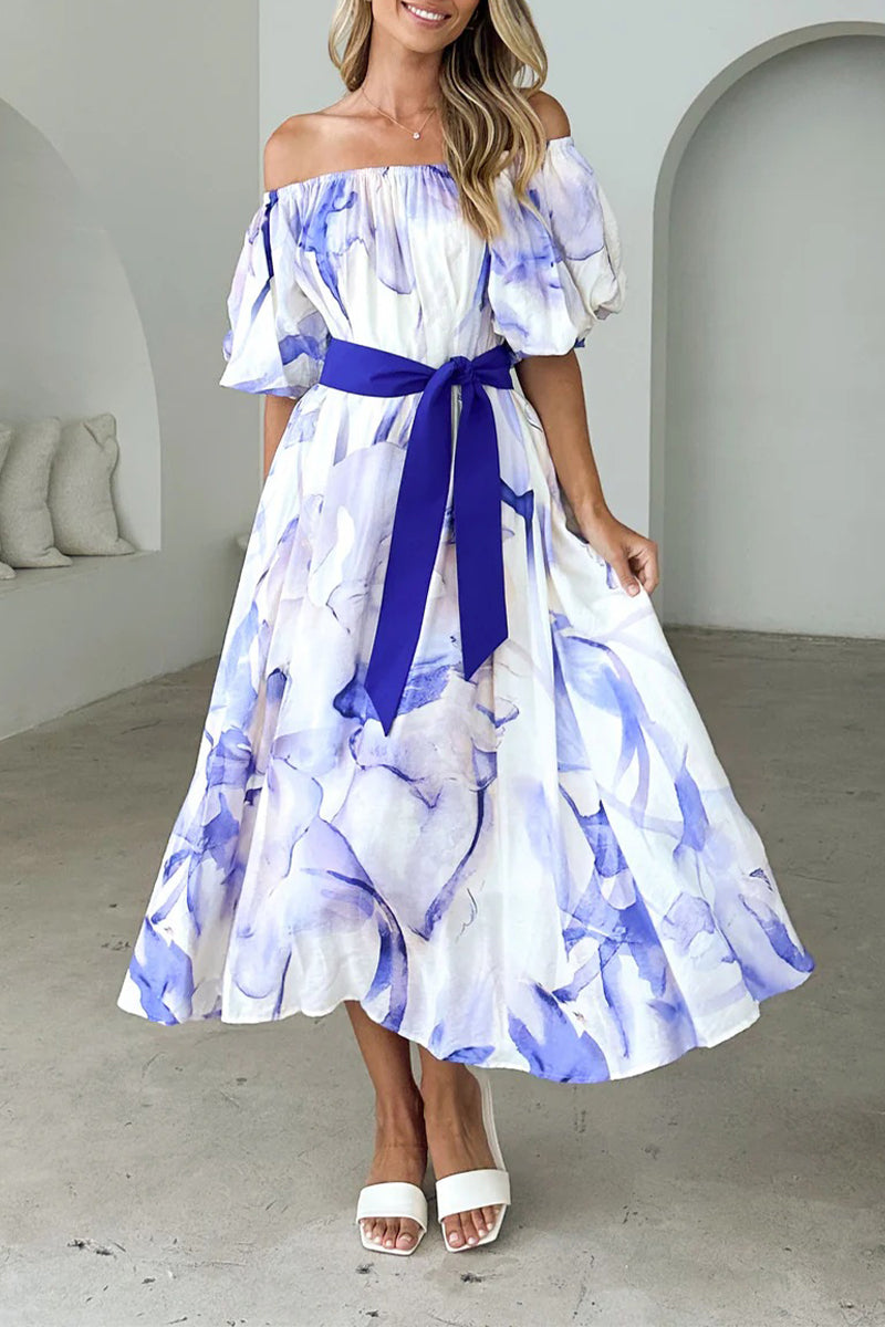 Aiertu  -Elegant Floral Print Lace Up Off Shoulder A Line Dresses aiertu