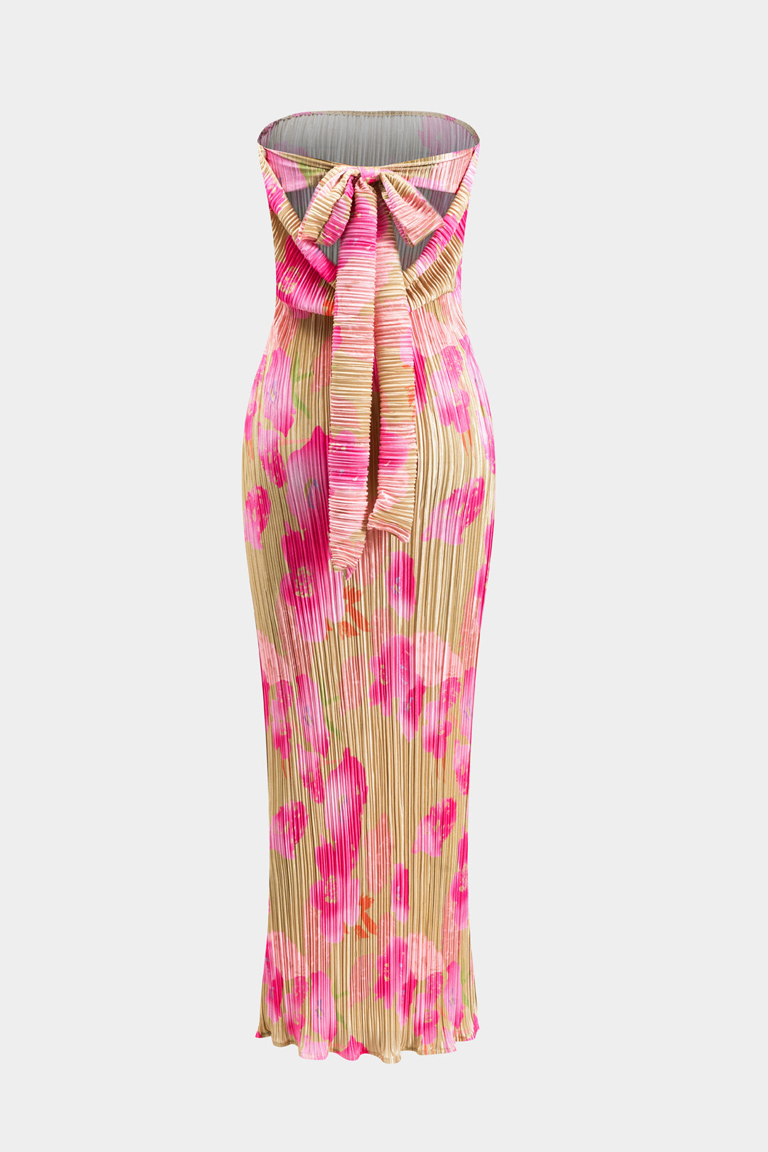 Aiertu  -  Floral Print Pleated Tie Back Strapless Maxi Dress Aiertu