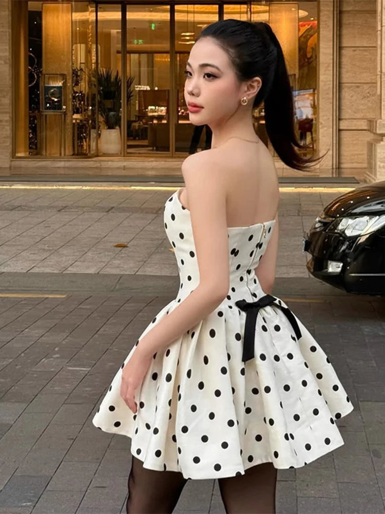 Aiertu  -  Fashion Wave Point Party Dress Women Strapless Backless Ruffle Hem A-line Mini Dresses Female 2025 Spring Summer Chic Lady Robe Aiertu