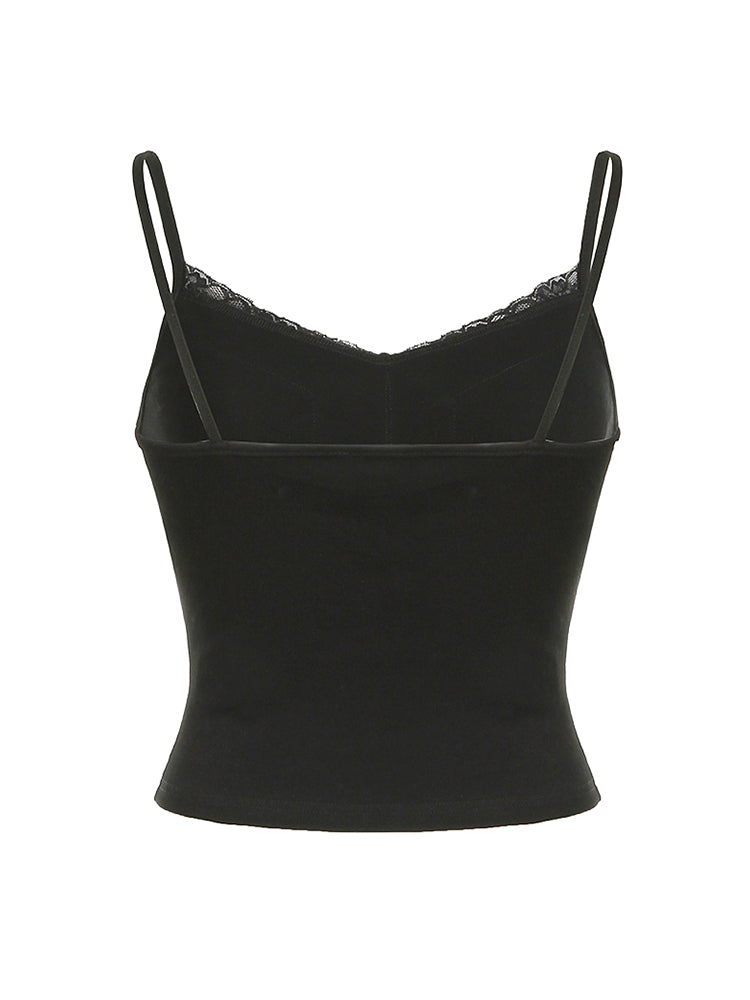 Aiertu - summer inspo Hot Black Solid Lace Patchwork Slim V Neck Basic Cute Camisole Women White Y2K Crop Top Aiertu