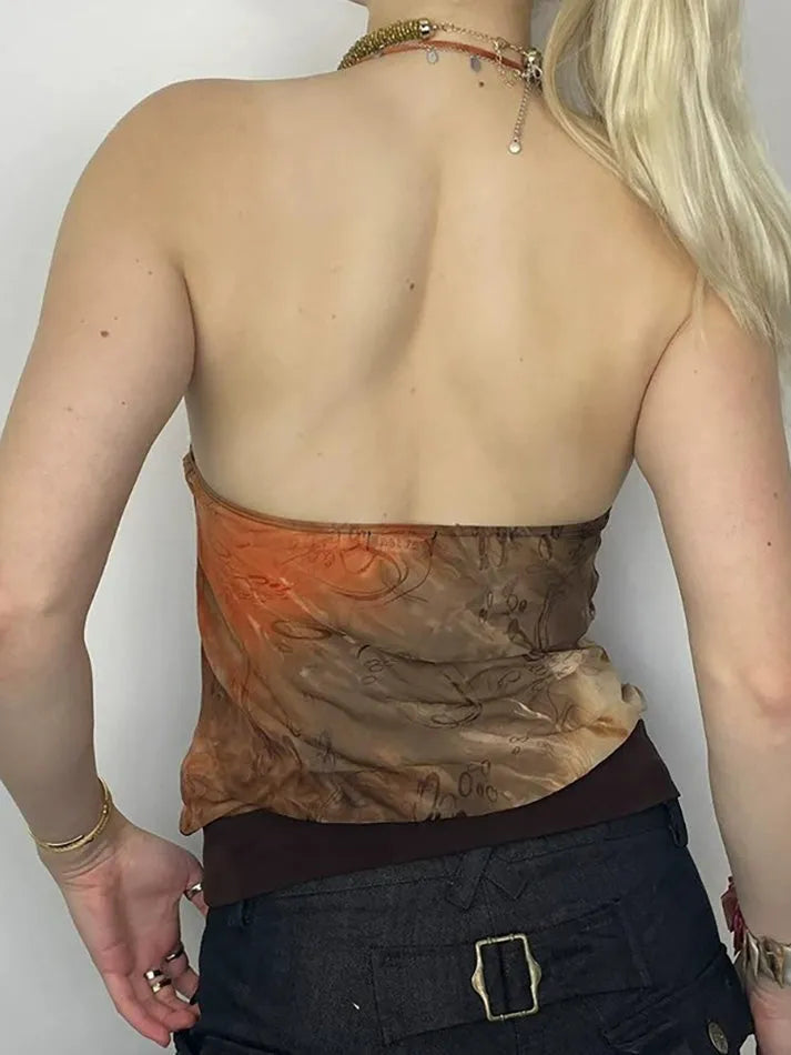 Aiertu  -Vintage Abstract Print Contrast Beaded Halter Top aiertu