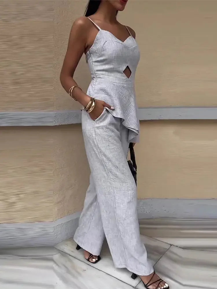 Aiertu  -  Elegant Ruffled Hem Tank Top Pants Set Women Sleeveless Backless Slim Vest High Waist Straight Trousers Suit 2026 Summer Chic Aiertu