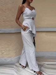 Aiertu  -  Elegant Ruffled Hem Tank Top Pants Set Women Sleeveless Backless Slim Vest High Waist Straight Trousers Suit 2026 Summer Chic Aiertu