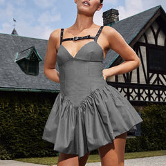 Aiertu  -  V-neck Fold Suspender Dress For Women Belt Buckle Backless Sexy Bodycon Mini Dress A-line High Waist  Party Dress Ladies Aiertu
